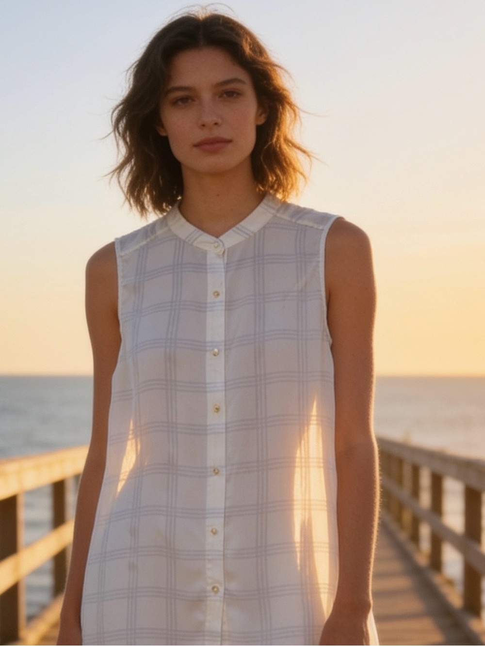 Eileen Fisher  Size M Soft White Plaid Printed 100% Silk Crepe Hi/lo Long Tunic